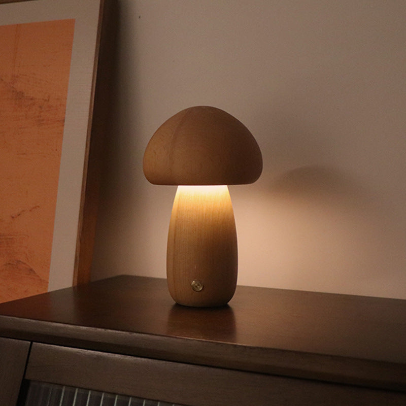 Wooden Mushroom LED Night Light – Touch Table Lamp