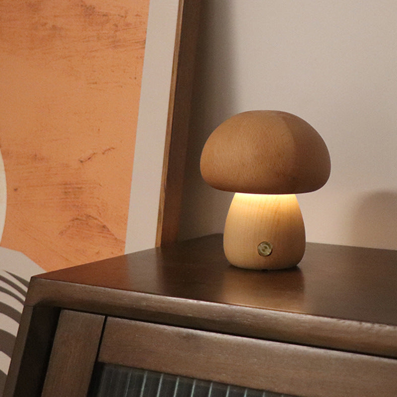 Wooden Mushroom LED Night Light – Touch Table Lamp