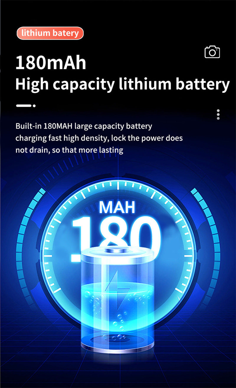 Lithium battery display with 180mAh capacity and charging information.
