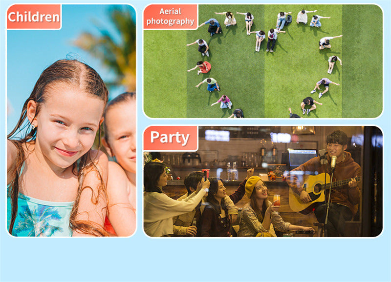 Collage of images including children, aerial photography, and a party scene.
