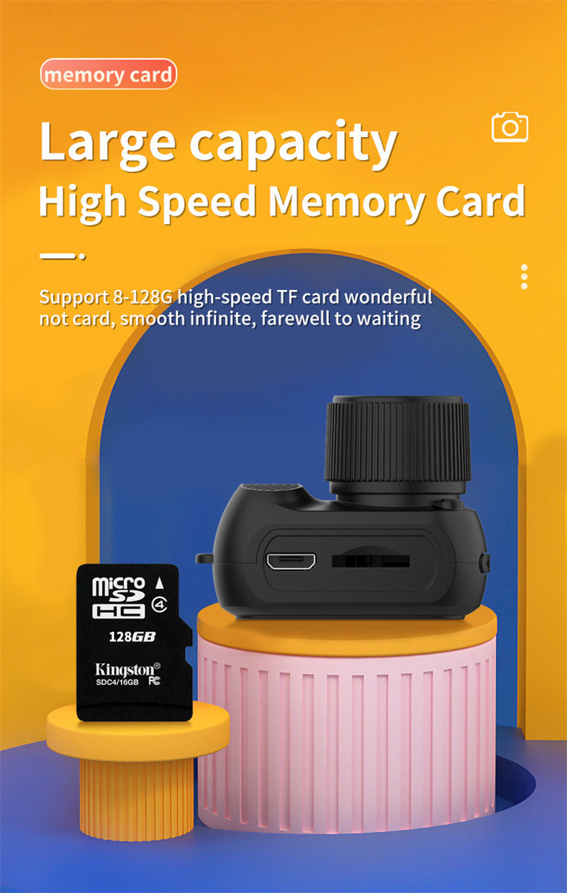 Memory card and camera on a colorful background with text about large capacity and high speed.