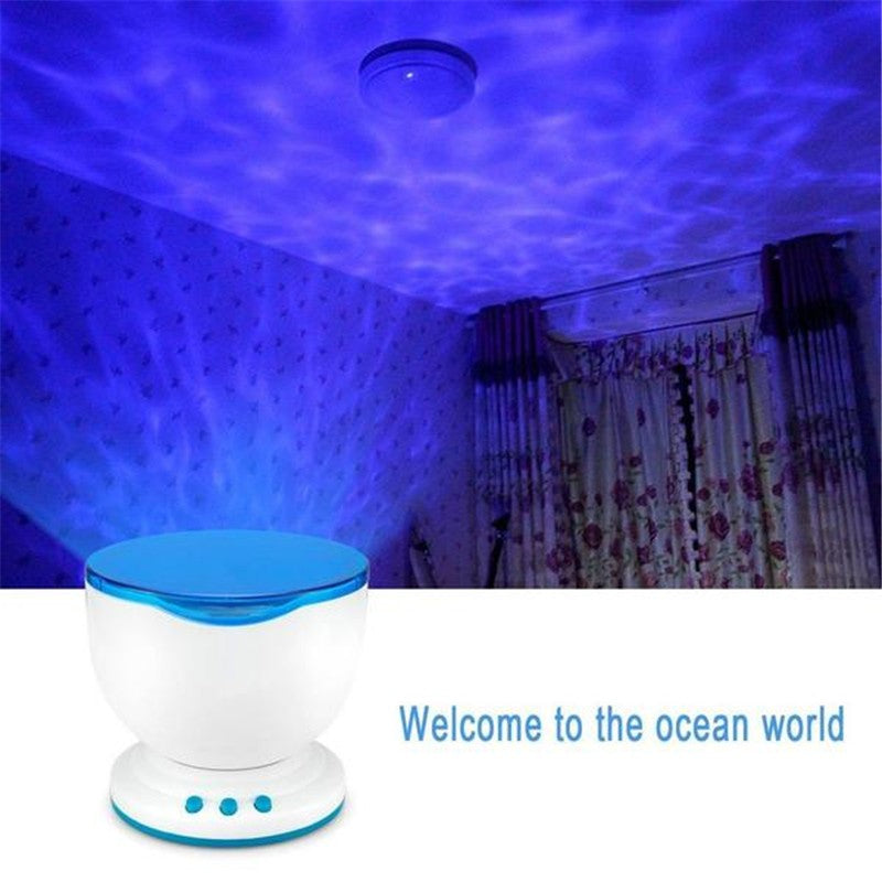Light projector creating a blue ocean wave pattern on a ceiling with 'Welcome to the ocean world' text.