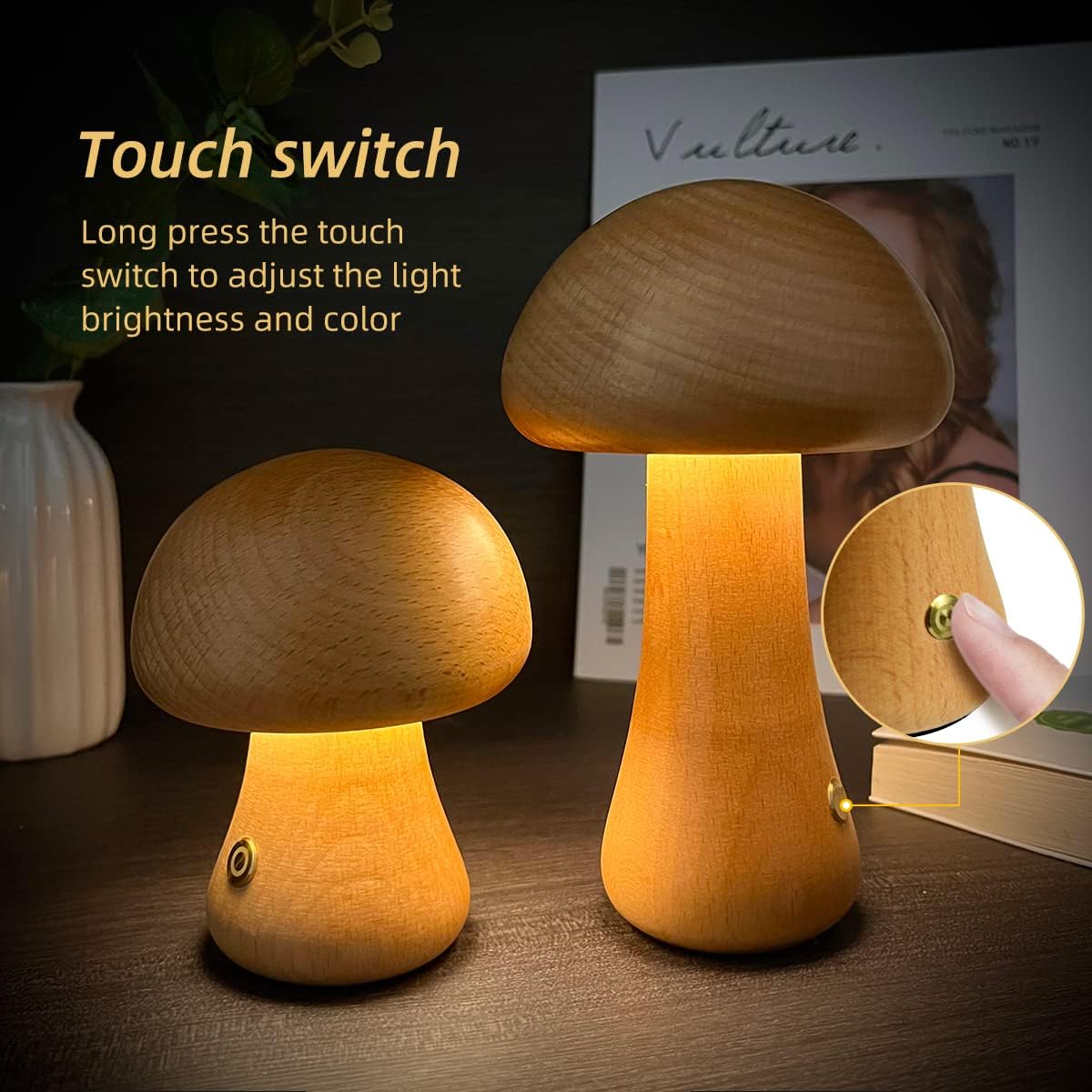 Wooden Mushroom LED Night Light – Touch Table Lamp