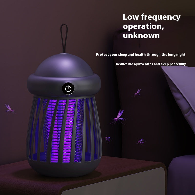 Purple mosquito killer lamp on a table with text about its operation and benefits.