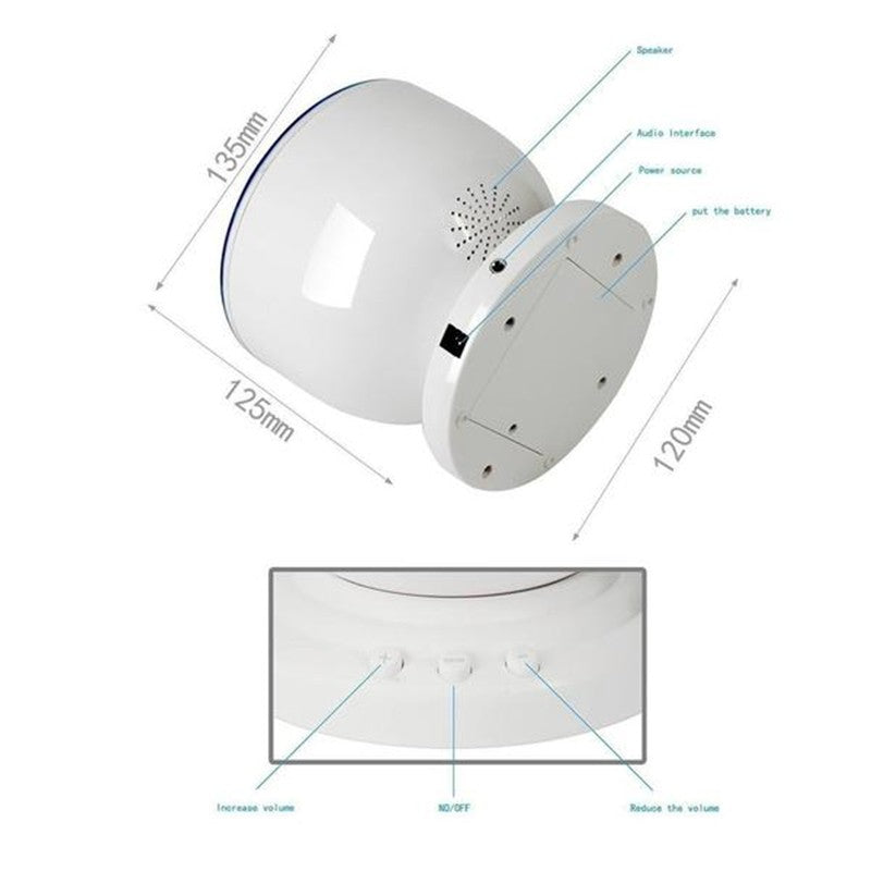 White electronic device with dimensions and control labels on a white background