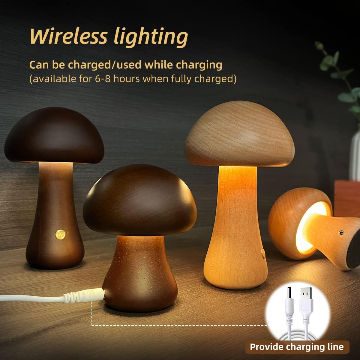Wooden Mushroom LED Night Light – Touch Table Lamp