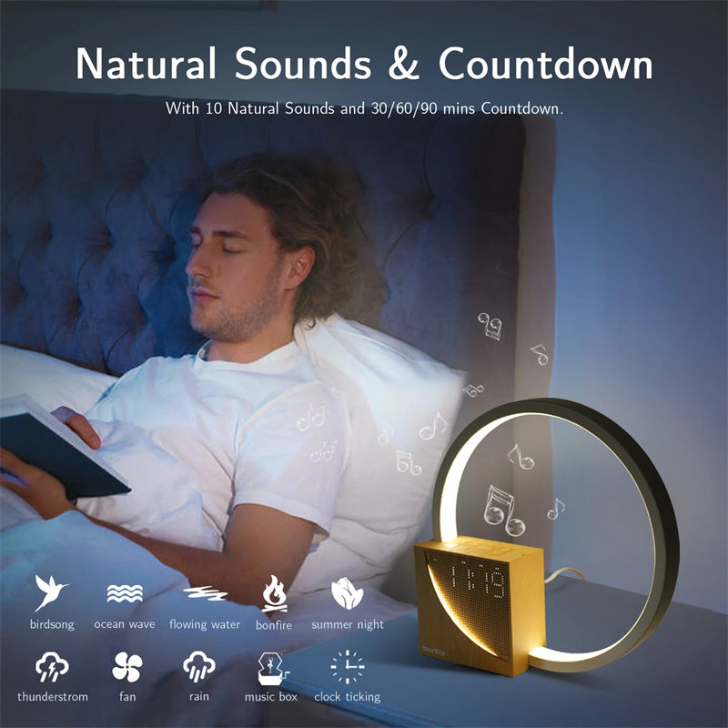 Man sleeping with a device displaying natural sounds and countdown features.