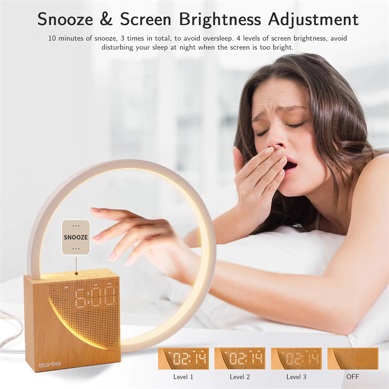 Woman in bed with an alarm clock and text about snooze and screen brightness adjustment.