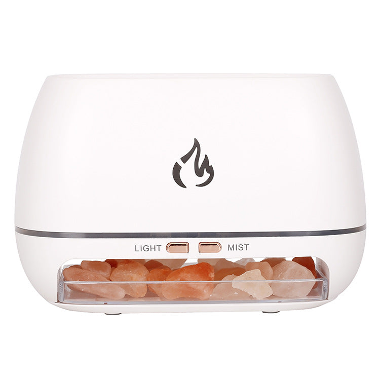 White Himalayan salt lamp with visible salt crystals on a white background