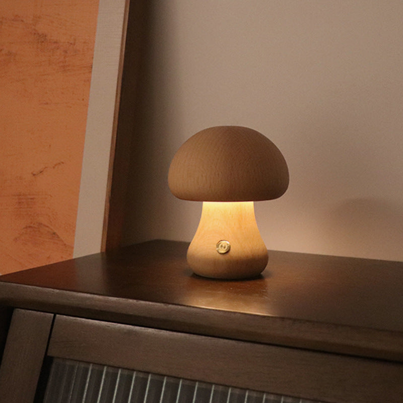 Wooden Mushroom LED Night Light – Touch Table Lamp