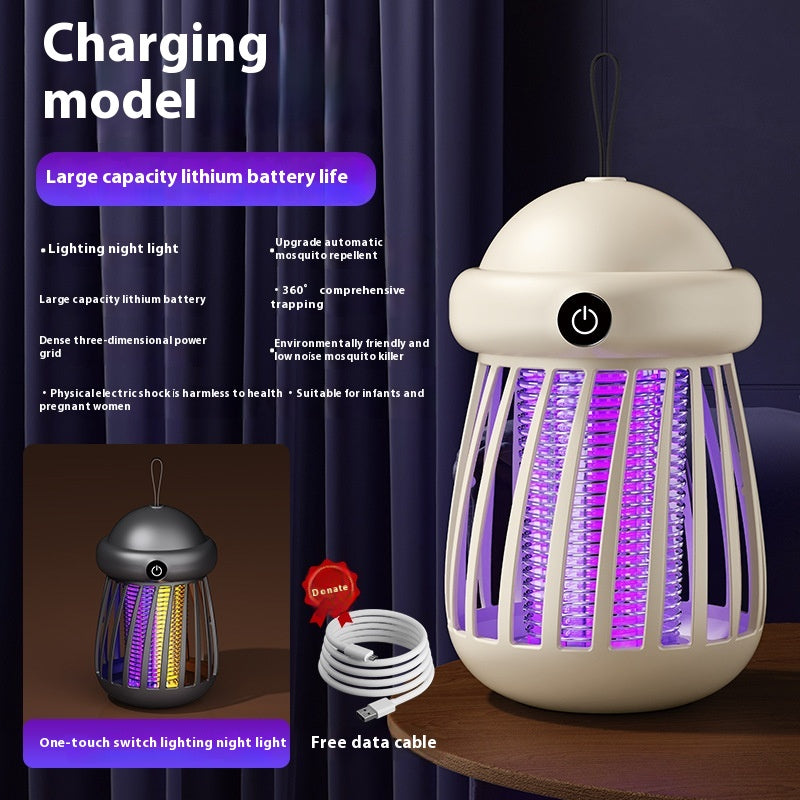 White electronic device with purple lights on a dark background, featuring text about its charging model and features.