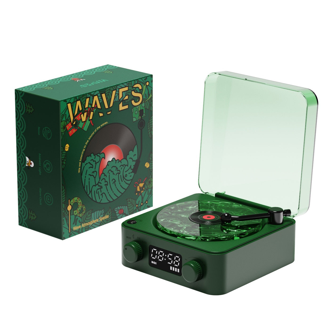 Green record player with open lid and decorative box labeled 'WAVES' on a white background