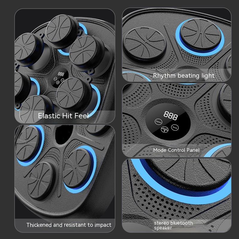 Black electronic drum pad with blue accents and text highlighting features.