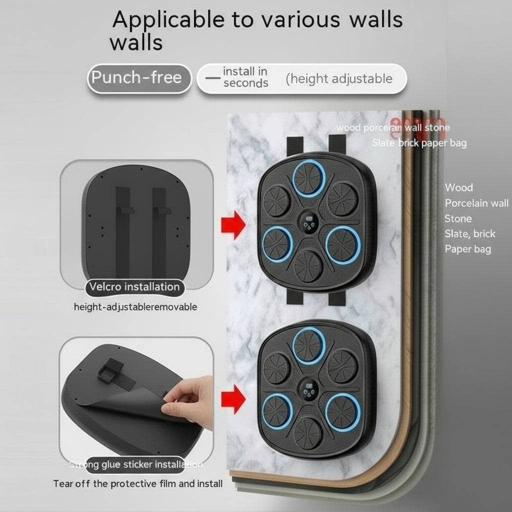 Velcro installation system for various walls with text indicating punch-free installation and height adjustment.