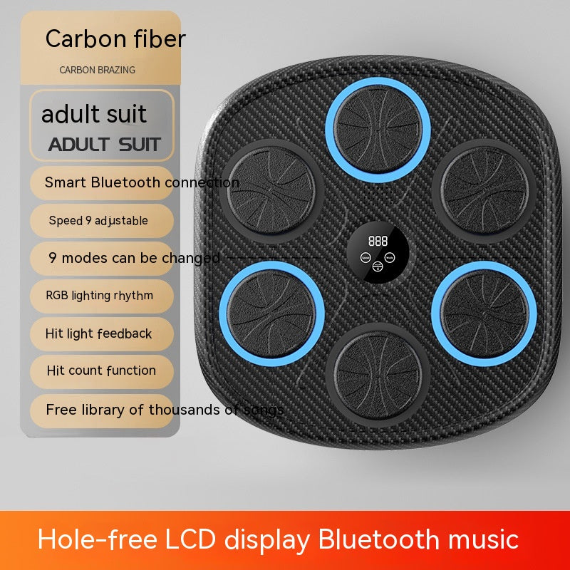 Black and blue electronic device with text on carbon fiber material and Bluetooth connection details.