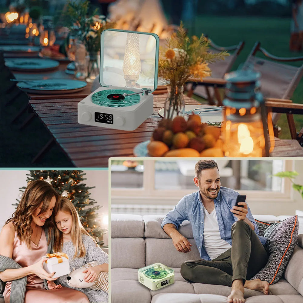 Collage of a portable music player, a family at Christmas, and a man on a couch with a phone.