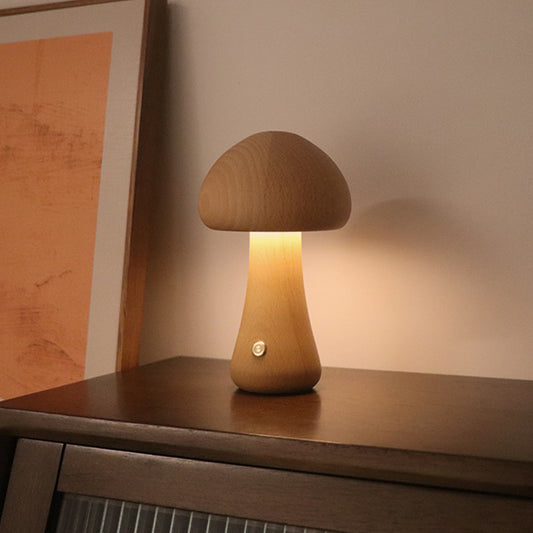 Wooden Mushroom LED Night Light – Touch Table Lamp